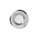 A silver stainless steel sink strainer with a perforated centre.