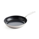A sleek stainless steel frying pan with a non-stick black interior and a comfortable handle, ideal for cooking and sautéing.