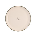 A top down view of a neutral coloured side plate with a small illustration of a duck in the centre.