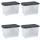Four clear plastic storage bins with black lids, stacked in pairs, ideal for organizing and storing various items.