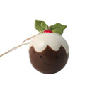 A view of a round christmas pudding hanging decoration on a white background