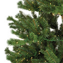 Close-up of an artificial Christmas tree branch adorned with twinkling lights against a white background.