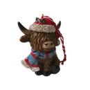 A view of a sitting highland cow hanging decoration on a white background