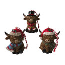 A view of 3 sitting highland cow hanging decorations on a white background