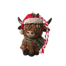 A view of a sitting highland cow hanging decoration on a white background