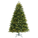 A beautifully lit artificial Christmas tree stands tall, adorned with warm white lights, resting on a sturdy black base.