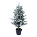 A frosted artificial Christmas tree in a black pot, showcasing lush green branches adorned with soft white snow-like tips.