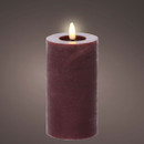 A dark red pillar candle with a flickering LED flame, set against a soft, muted background, creating a warm ambiance.