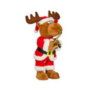 A plush reindeer dressed in a Santa suit, wearing a hat, playing a saxophone, with a cheerful expression.