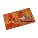 A textured doormat featuring a colourful robin perched on a branch among autumn leaves and acorns.