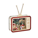 A vintage-style wooden television with a festive winter scene, featuring Santa, a snowman, and a train.