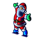A colorful, illuminated Santa Claus figure with a joyful expression, wearing a classic red and white suit, raising his hands cheerfully.