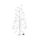 A minimalist, white decorative tree with thin branches and floral tips, set on a round base, with an electrical cord visible.
