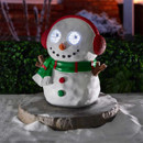 Light-up snowman Christmas decoration with earmuffs, green scarf and glowing animated eyes, displayed outdoors on a wooden-style base.