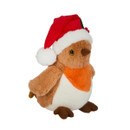 A cute plush robin wearing a festive red Christmas hat with a white pom-pom, featuring brown fur and an orange breast.