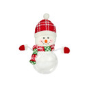 A cheerful snowman with a red winter hat, scarf, and button nose, holding its arms out, stands above a clear glass base.