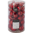 A clear container filled with 60 shiny red shatterproof Christmas baubles of various sizes, perfect for festive decorating.