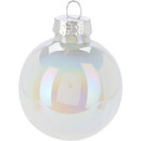 Single translucent iridescent Christmas bauble with a silver cap, reflecting soft colours in a smooth, rounded shape.
