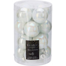 A transparent container filled with iridescent glass Christmas baubles, labelled with "Home & Styling" and specifications.