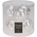 Clear container holding six iridescent glass Christmas baubles, labelled "Christmas Decorations by Home & Styling."