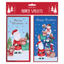 A pack of four money wallets with two assorted festive designs that feature an illustration of Santa.