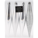Four shatterproof Christmas decorations in silver, including matte and glittery finishes, packaged in a clear box.