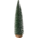 A tall, green Christmas tree ornament with artificial needles, resting on a brown, wooden base, isolated on a white background.