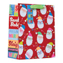 A large red gift bag with illustrations of Santa wearing neon Christmas hats.