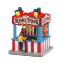 A colourful carnival-style ring toss game booth with balloons, featuring a player attempting to win prizes.