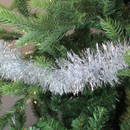 A view of silver tinsel on a Christmas tree