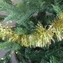 A view of gold tinsel on a Christmas tree