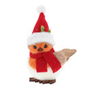 A cute, festive bird with an orange belly, wearing a Santa hat and a red scarf