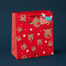 Red Christmas gift bag with playful reindeer faces, white snowflakes, striped sides, red rope handles and a festive gift tag.