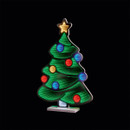 A brightly lit green Christmas tree with colourful ornaments and a star on top, set against a black background.