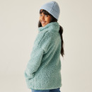 A back view of a fluffy green quarter zip fleece