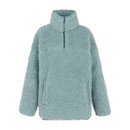 A front view of a fluffy green quarter zip fleece on a white background