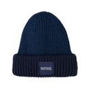 A view of a knitted navy regatta children' beanie hat