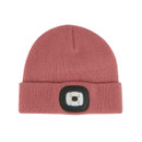 A view of a pink regatta beanie hat with a built in torch on ahwite background