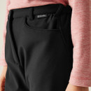 A close up front view of a pair of black Regatta trousers
