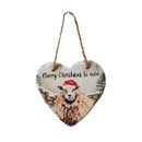 A heart-shaped holiday ornament featuring a sheep in a red Santa hat, with the text "Merry Christmas to ewe," surrounded by festive greenery.