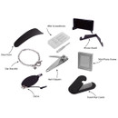 An assortment of Christmas cracker gifts: shoe horn, star bracelet, mini screwdrivers, phone stand, mini photo frame, stylus, nail clippers, and hair comb.