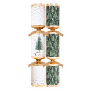 Two festive Christmas crackers in white and green designs, decorated with trees, stars, and gold accents.