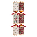 A festive set of Christmas crackers in assorted designs, featuring holly, "JOY" lettering, and burgundy patterns, tied with red ribbons.