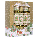 A decorative box of 10 Christmas crackers featuring festive designs, including birds and trees, with gifts and hats included.