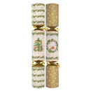 Two decorative Christmas crackers featuring festive designs: a tree, a wreath with a bird, and gold snowflakes.