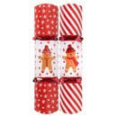 Two festive Christmas crackers adorned with gingerbread men and red winter designs, tied with red ribbons.