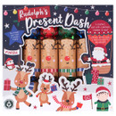 Rudolph's Present Dash game box featuring six reindeer-themed Christmas crackers with a race track design and festive illustrations.