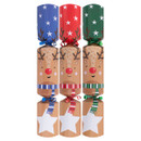 Three festive Christmas crackers designed as reindeer, featuring star-patterned tops in blue, red, and green, with colourful ribbons.