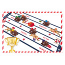 A festive race track featuring reindeer, colourful decorations, and a trophy, evoking a playful holiday spirit.