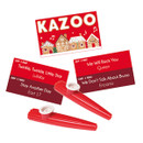 A festive "Kazoo" game set featuring red kazoos and song prompt cards, including classic tunes and holiday favourites.